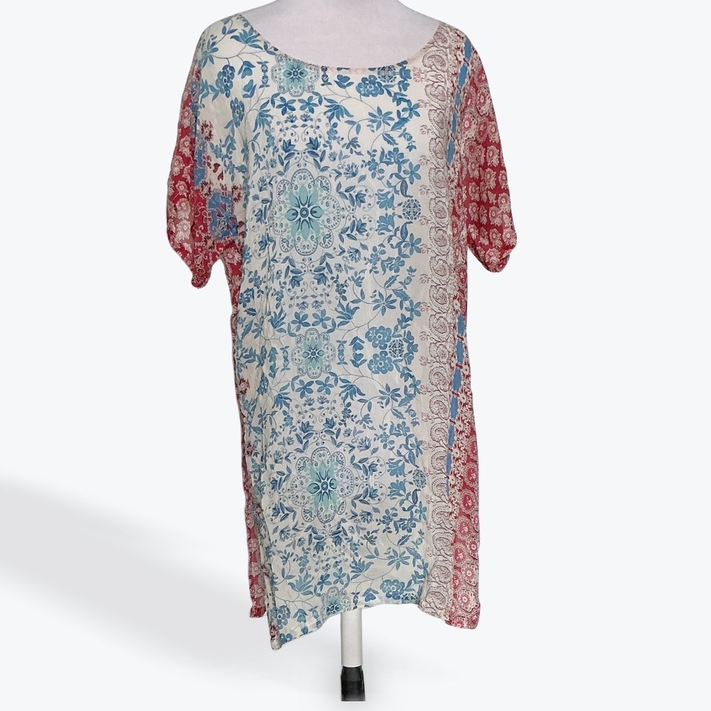 Johnny Was Bayla Tunic XS Blue Red Floral Paisley Cupra Rayon Boho Short Sleeve - Picture 3 of 9